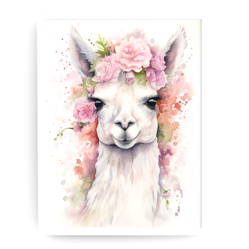 Watercolor Cute Floral Llama Wall Art Illustration Print Poster Card Unframed